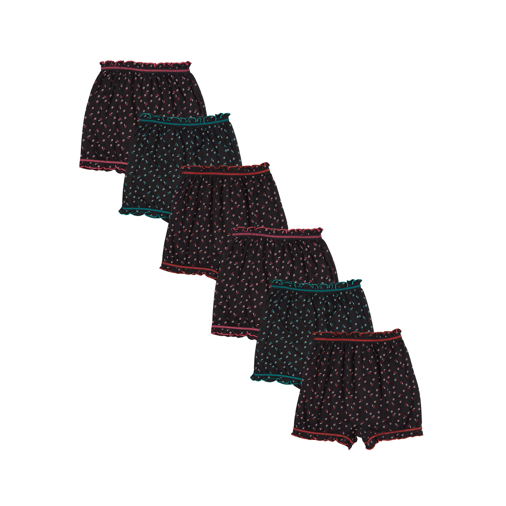 Redrose Girls' Printed Cotton Bloomers โ Pack of 6 | Black Base with Frill Hem ๐โจ | BLM-228