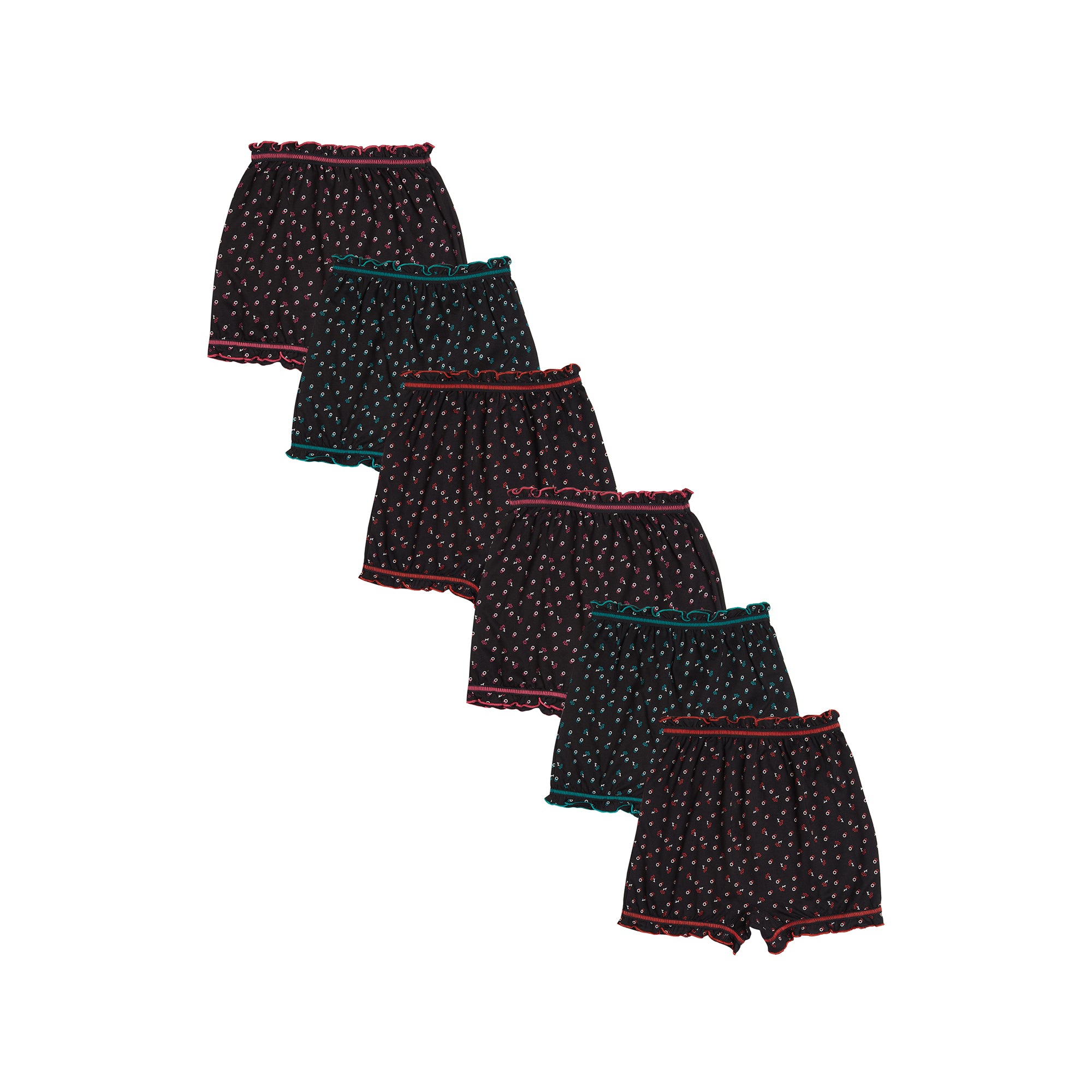 Redrose Girls' Printed Cotton Bloomers โ Pack of 6 | Black Base with Frill Hem ๐โจ | BLM-228