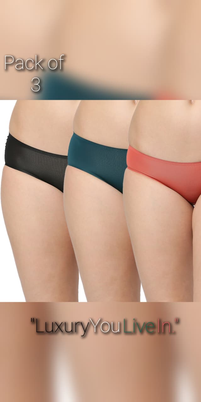 Red Rose Seamless Bonded 102 Women's Medium Coverage Polyamide Elastane Stretch Mid Waist Bikini Set with Waistband (Multicolor Pack of 3)