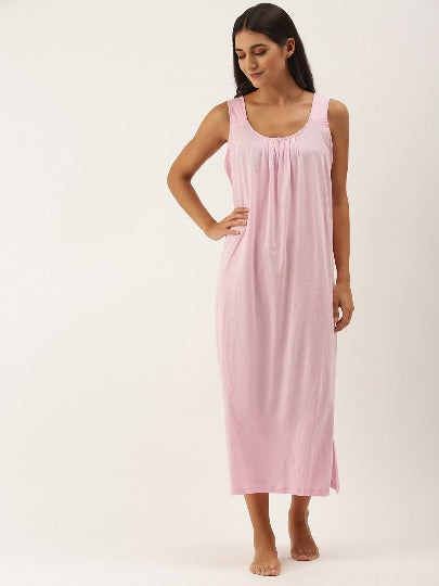 Red Rose Solid Cotton Full Length Camisole for Women | Maxi Nighty