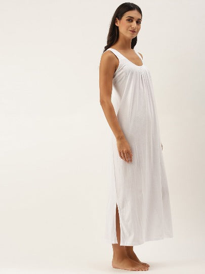 Red Rose Solid Cotton Full Length Camisole for Women | Maxi Nighty
