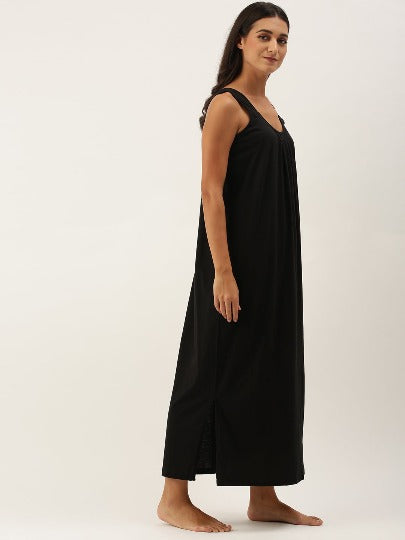 Red Rose Solid Cotton Full Length Camisole for Women | Maxi Nighty