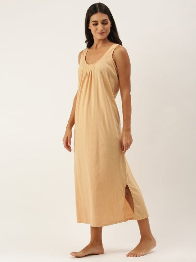 Red Rose Solid Cotton Full Length Camisole for Women | Maxi Nighty