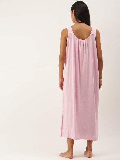 Red Rose Solid Cotton Full Length Camisole for Women | Maxi Nighty