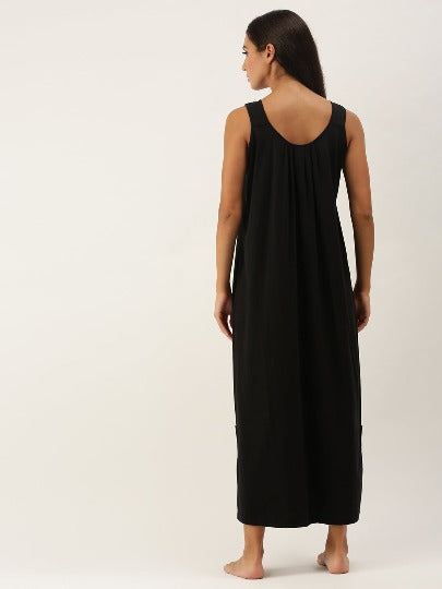 Red Rose Solid Cotton Full Length Camisole for Women | Maxi Nighty