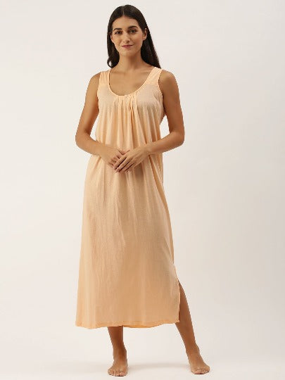 Red Rose Solid Cotton Full Length Camisole for Women | Maxi Nighty