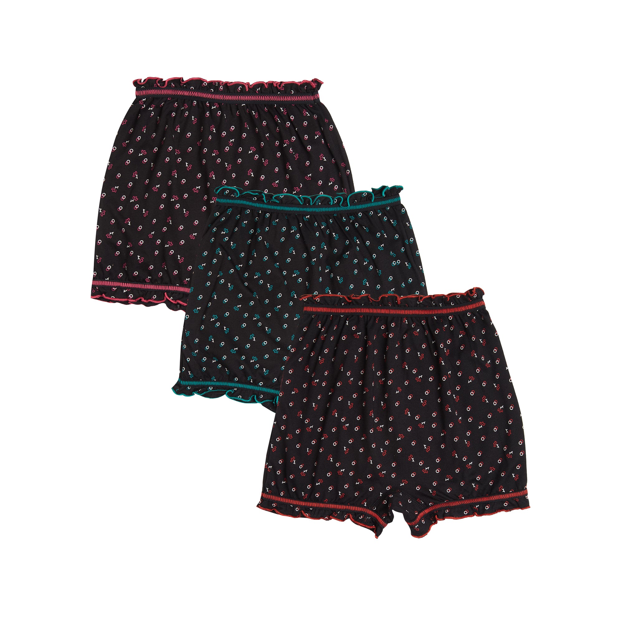 Redrose Girls' Printed Cotton Bloomers – Pack of 6 | Black Base with Frill Hem 🌙✨ | BLM-228