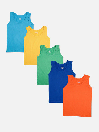 Redrose Boys Cotton Vests – Pack of 5 | Plain Sleeveless Innerwear | Stylish Contrast Trims | VEST_1005CL