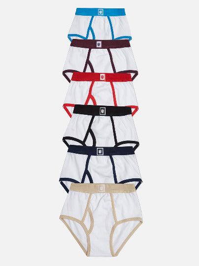 Redrose Boys Innerwear Classic Cotton Briefs – Pack of 6 | White Base with Contrast Waistbands | JR-502