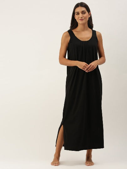 SAJELI Solid Cotton Full-Length Camisole | Maxi Nighty