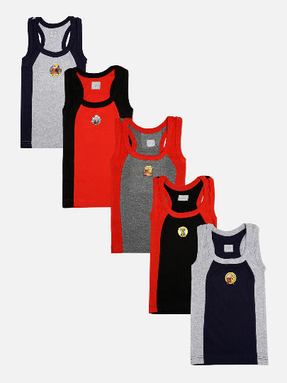 ðŸ§’ Redrose Boys Cotton Vests â€“ Pack of 5 | Motu Patlu Printed | Stylish Colorblock Sleeveless Innerwear | RAZER_RIB_MP