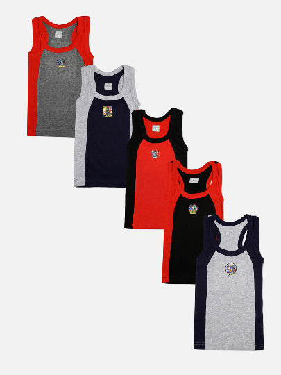 🦸 Redrose Justice League Boys Cotton Vests – Pack of 5 | Superhero Printed Colorblock Sleeveless Innerwear | VEST-1003