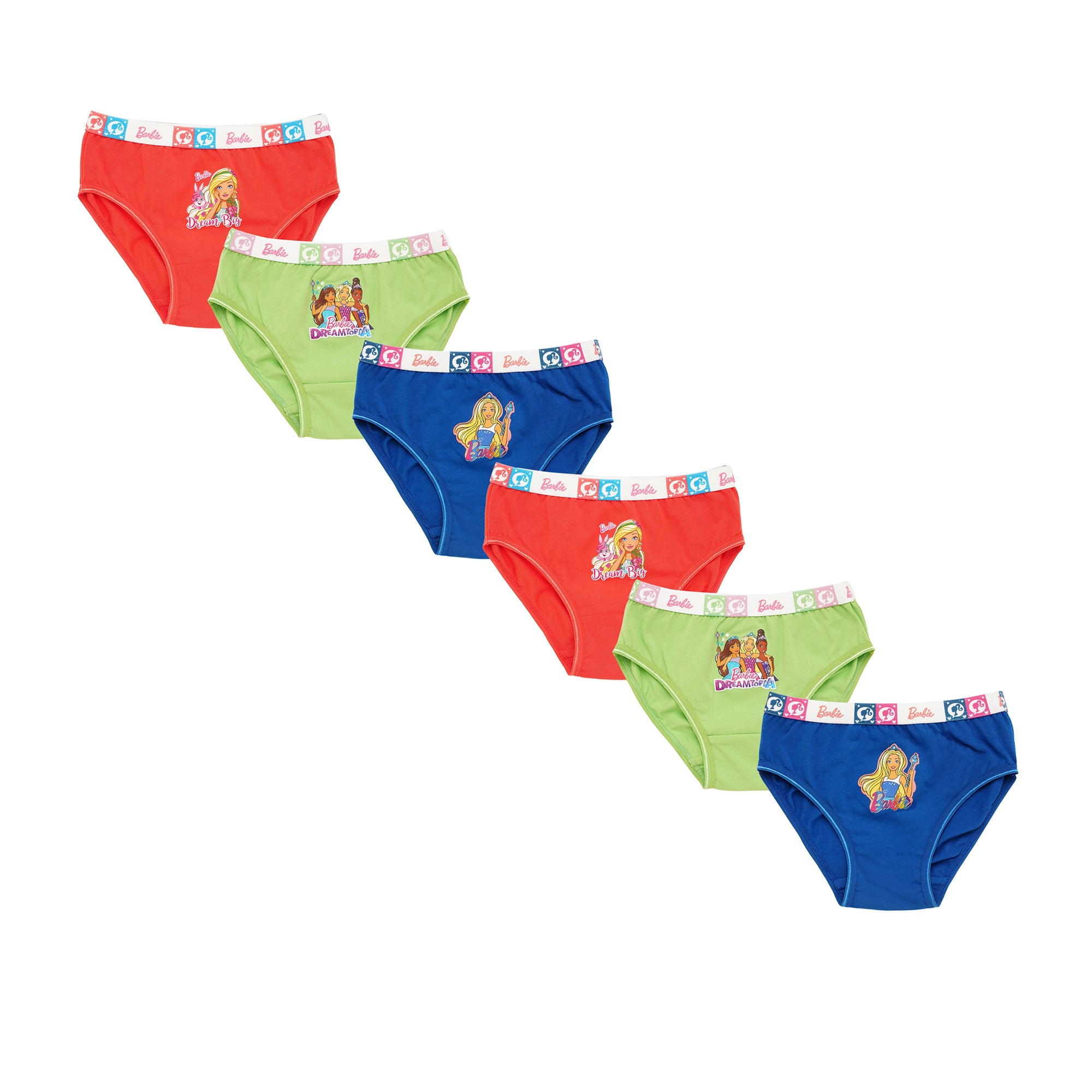 Red Rose Girls' Cotton Elastane Briefs Pack of 6 – Solid Colors with Barbie Waistband & Prints | BABY-108