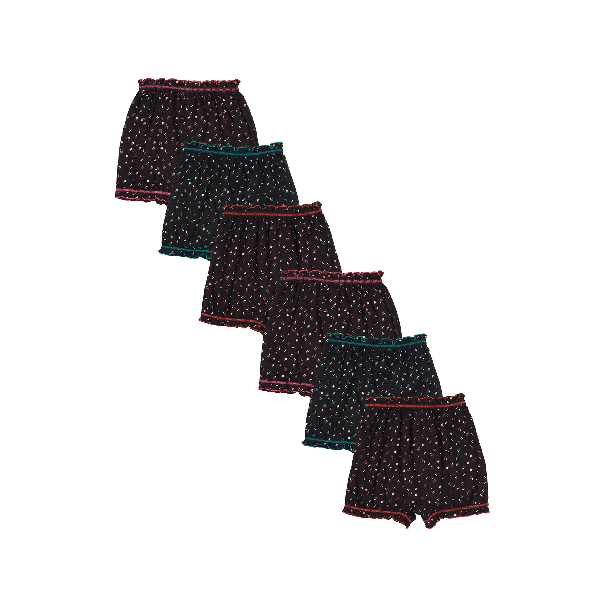 Redrose Girls' Printed Cotton Bloomers – Pack of 6 | Black Base with Frill Hem 🌙✨ | BLM-228