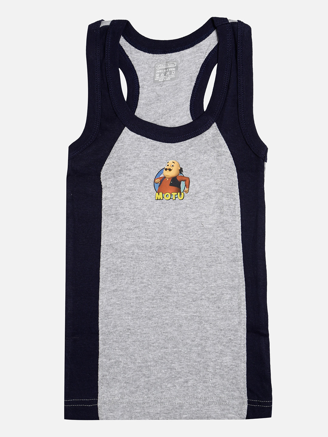 🧒 Redrose Boys Cotton Vests – Pack of 5 | Motu Patlu Printed | Stylish Colorblock Sleeveless Innerwear | RAZER_RIB_MP