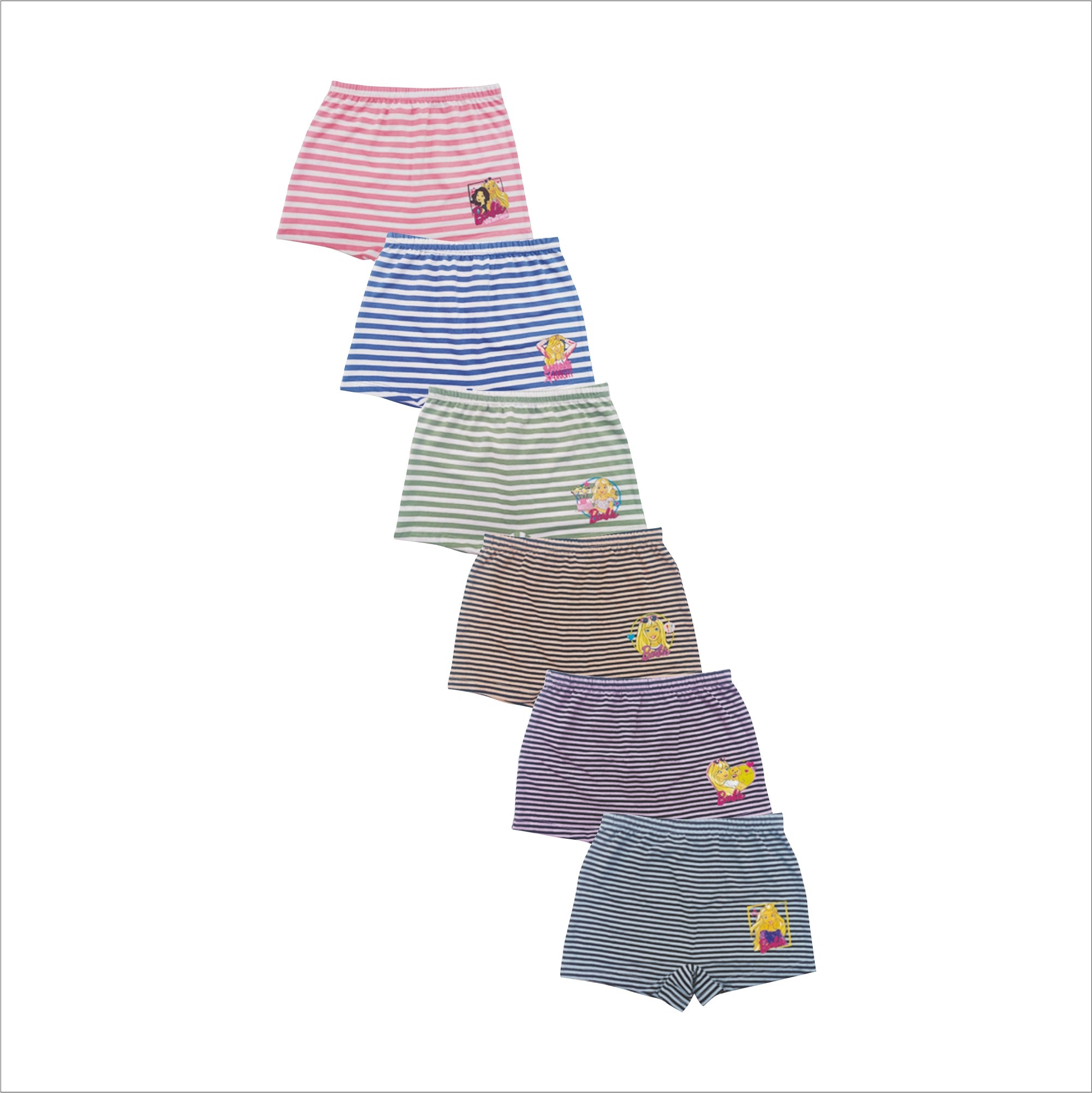 Red Rose Girls' Barbie Striped Boxer Shorts – Pack of 6 | Soft & Comfy Innerwear | BABY-152