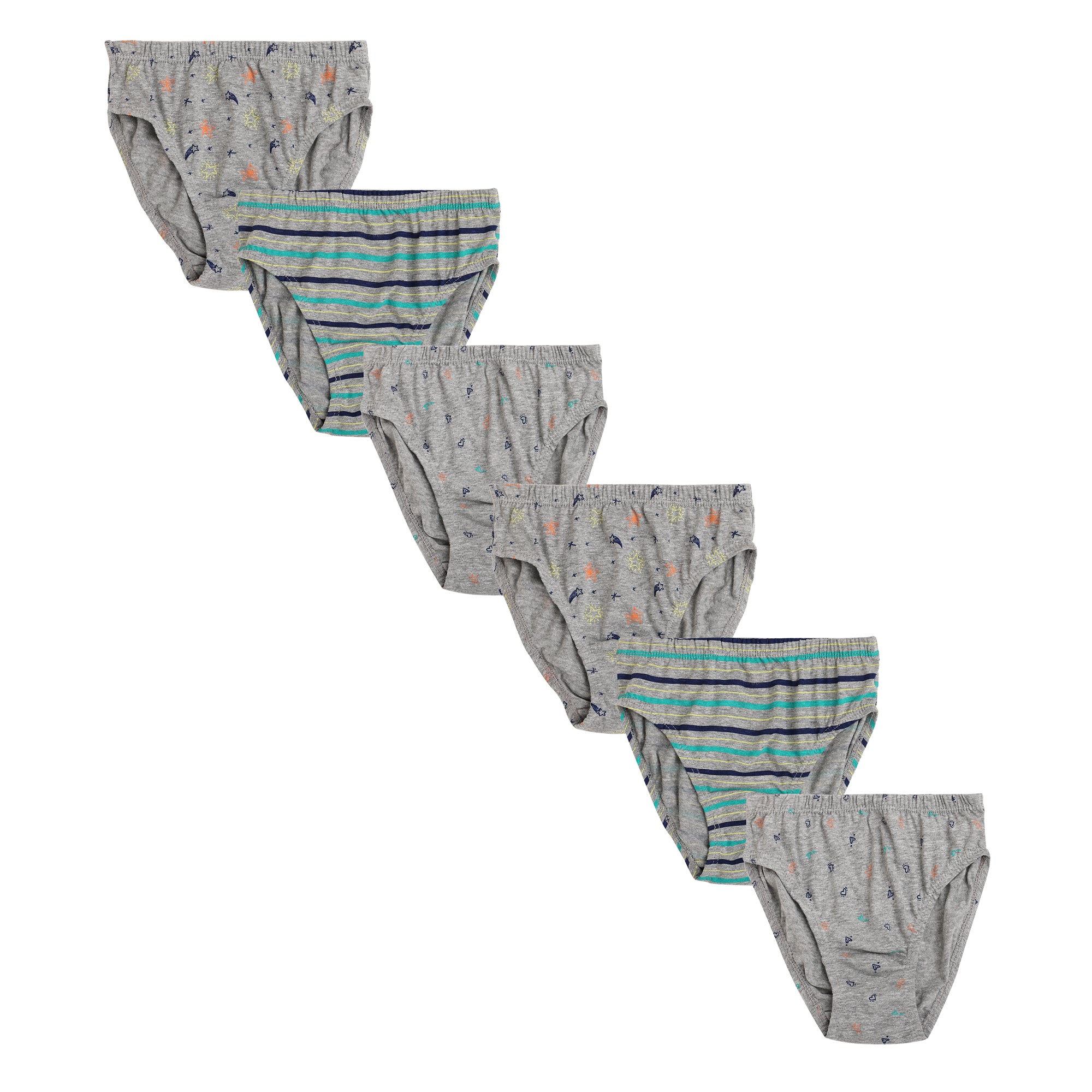 Redrose Boys' Briefs Pack of 6 – Soft Cotton Printed Innerwear for Kids (Assorted Grey & Stripes) | BABY-71