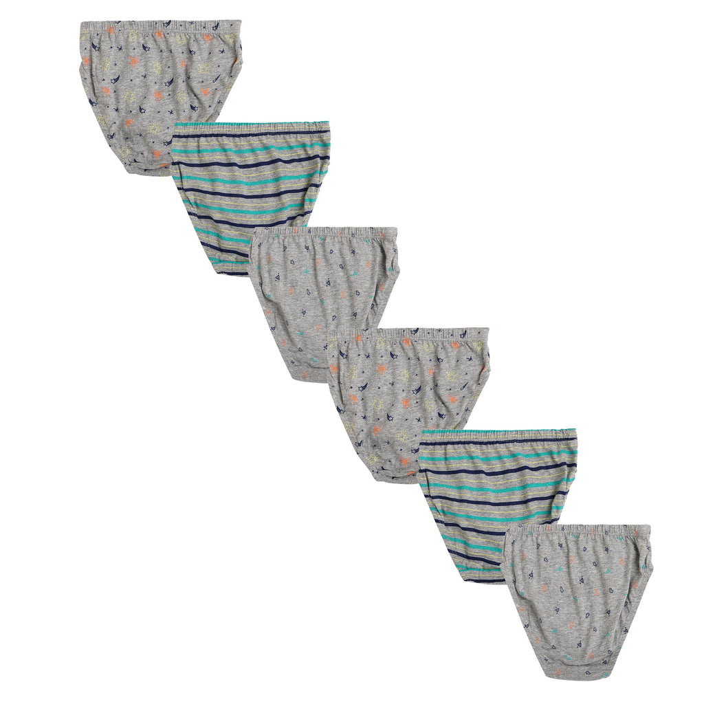 Redrose Boys' Briefs Pack of 6 – Soft Cotton Printed Innerwear for Kids (Assorted Grey & Stripes) | BABY-71