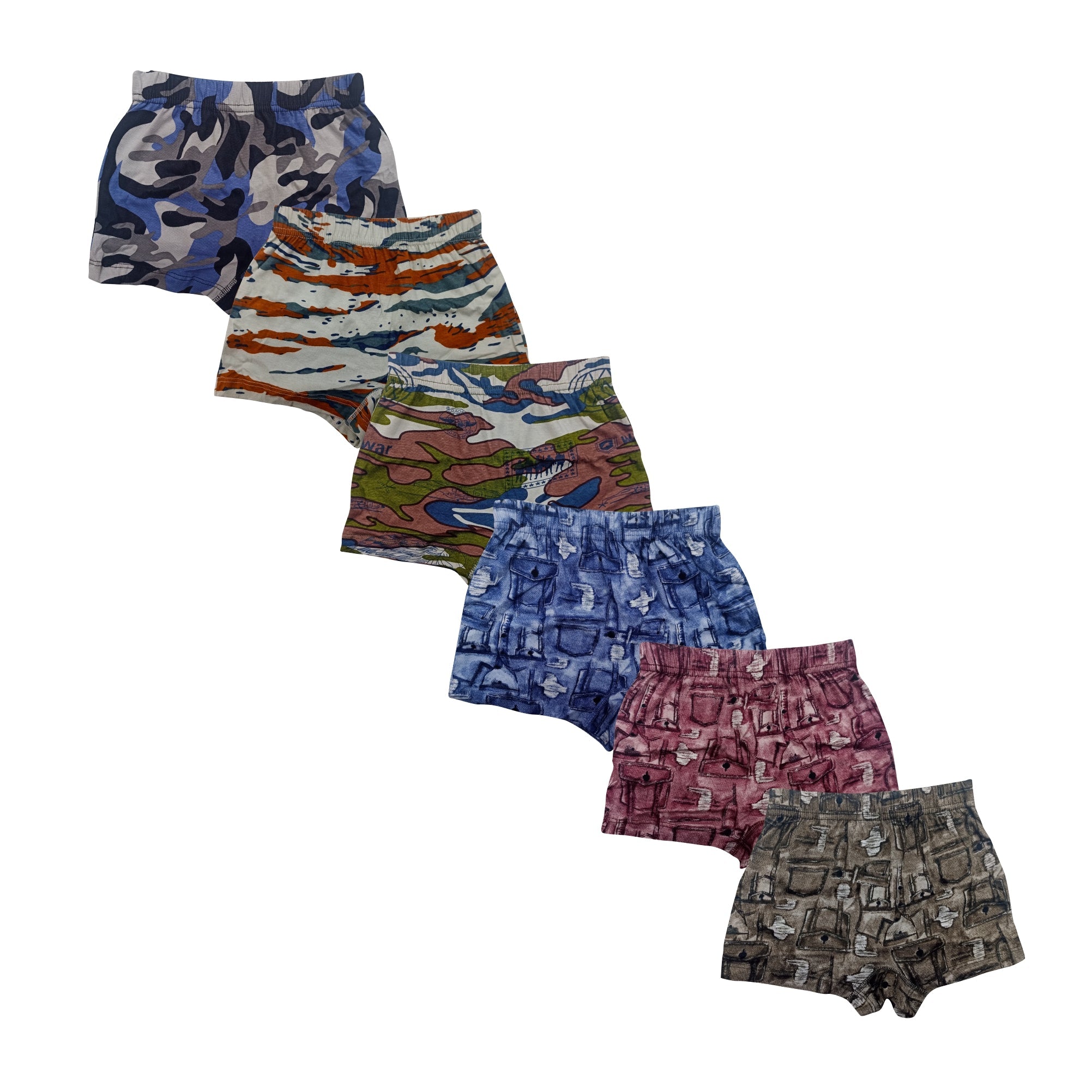 Redrose Boys’ Printed Cotton Briefs – Pack of 6 | Stylish Camo & Denim-Inspired Prints | JR-85
