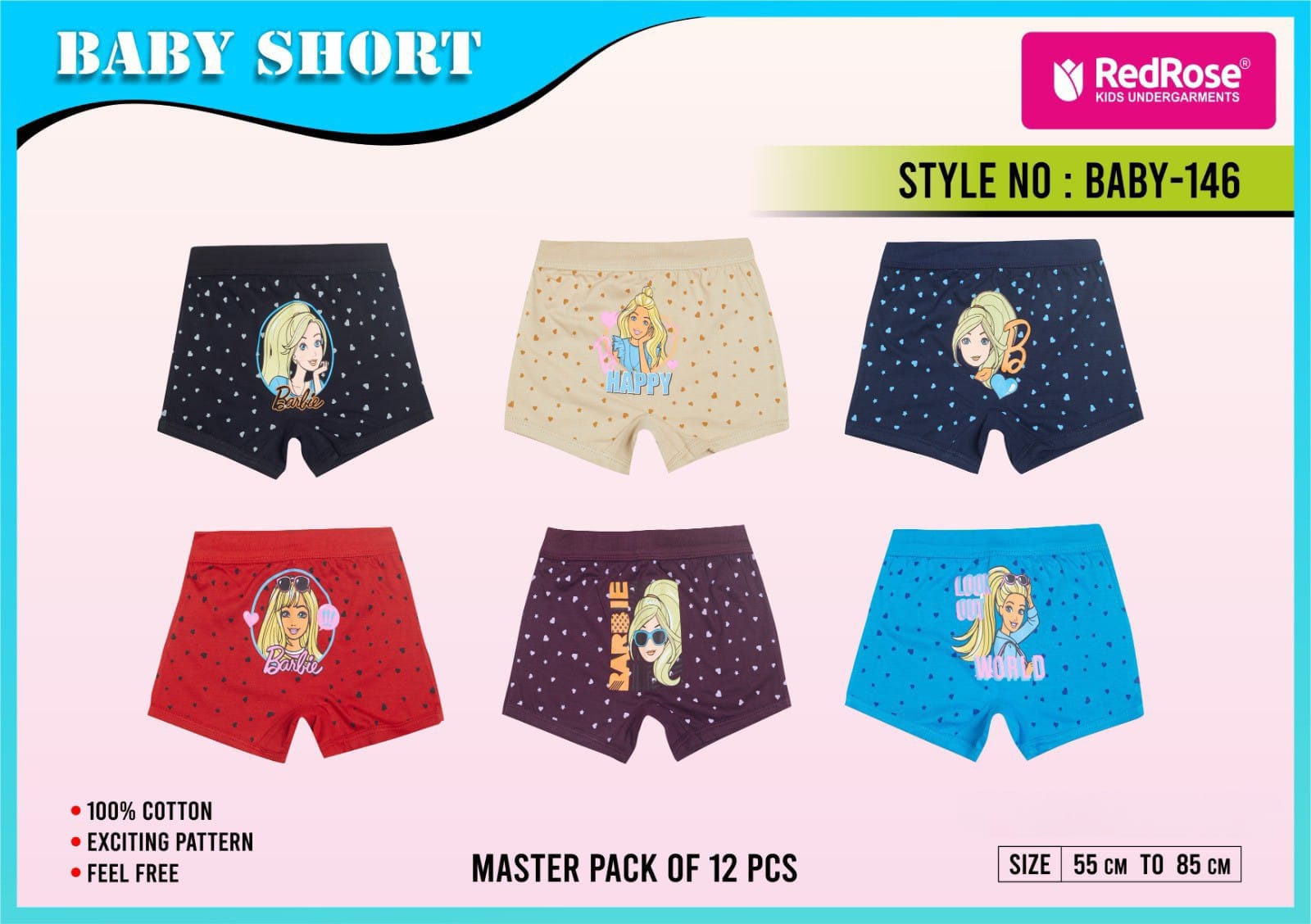Red Rose Girls' Boyshorts Innerwear – Pack of 6 Barbie Printed Cotton Briefs | BABY-146