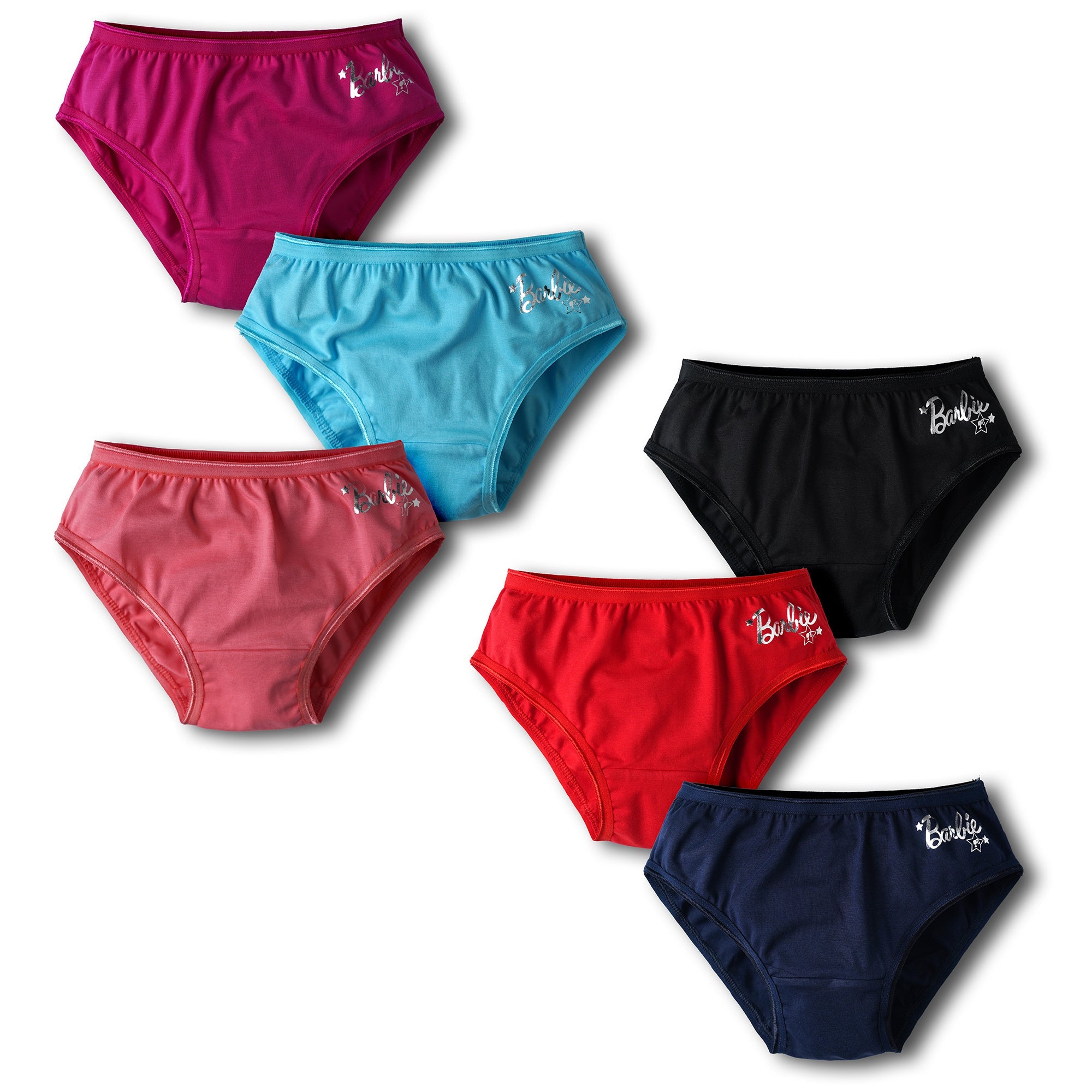 Redrose Girls' Solid Cotton Elastane Panties with Barbie Print – Pack of 6 | Stretchable & Comfy Innerwear | BABY-22